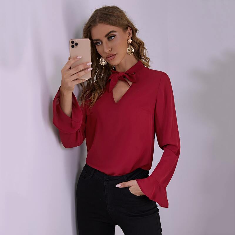 

Tie Neck Flounce Sleeve Top, Burgundy