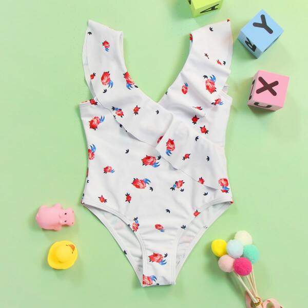 

Toddler Girls Floral Ruffle One Piece Swimsuit, White