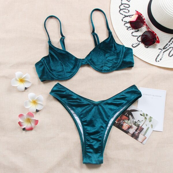 

Velvet Underwire High Cut Bikini Swimsuit, Teal blue
