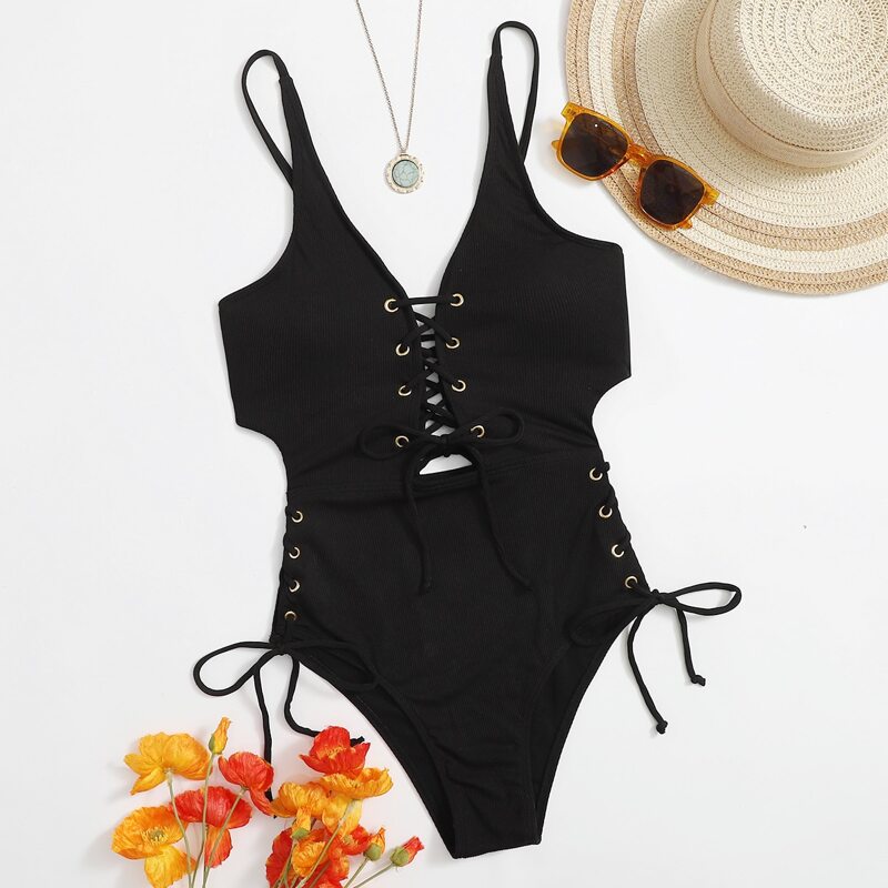 

Rib Lace-up One Piece Swimsuit, Black