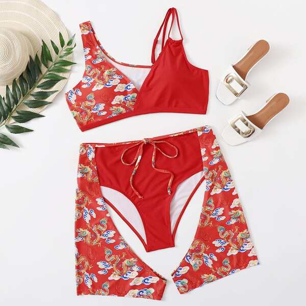 

3pack Plus Chinese Dragon Print Bikini Swimsuit, Red