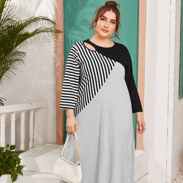 

Plus Cut And Sew Striped Cut Out Tee Dress, Light grey