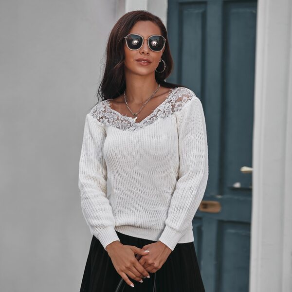 

V-neck Contrast Lace Sweater, White