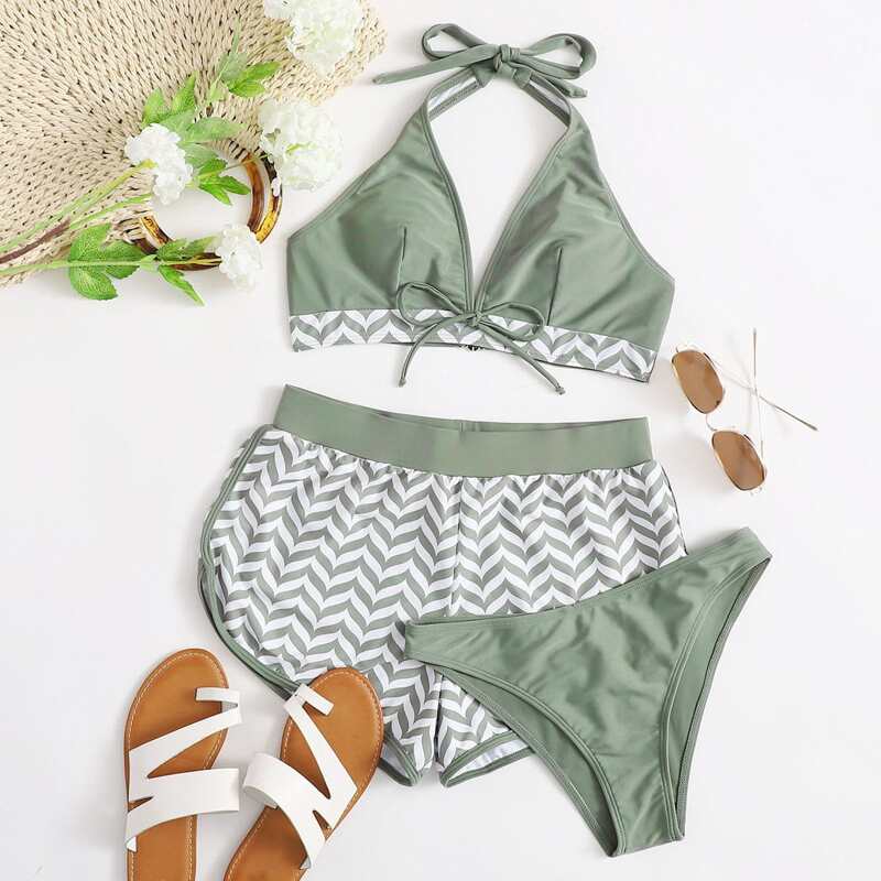 

3pack Chevron Print Halter Co-ord Bikini Swimsuit, Pastel mint green