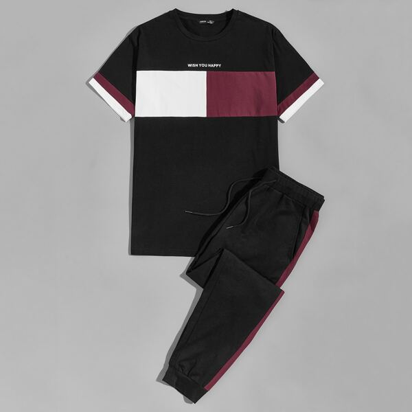 

Men Colorblock Slogan Graphic Top & Sweatpants Set, Black