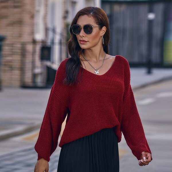 

V-neck Drop Shoulder Oversized Sweater, Burgundy