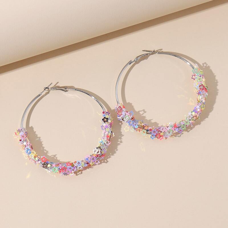 

Colorful Star Decor Hoop Earrings, Multicolor