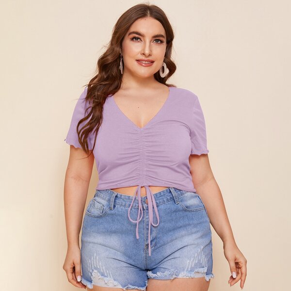 

Plus Lettuce Trim Drawstring Knot Front Top, Lilac purple
