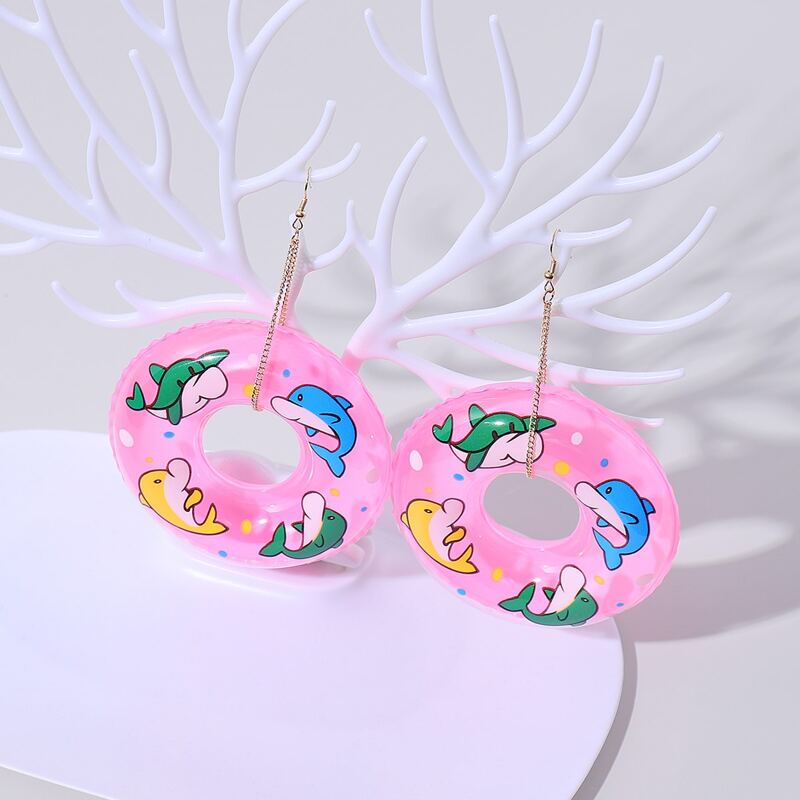

Dolphin Swimming Ring Drop Earrings, Pink