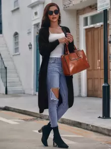 SHEIN LUNE Áo len Mở màu trơn Giải trí - màu đen - Xem 1