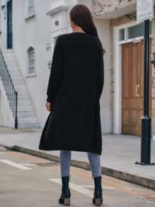 SHEIN LUNE Áo len Mở màu trơn Giải trí - màu đen - Xem 2