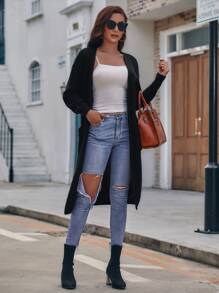 SHEIN LUNE Áo len Mở màu trơn Giải trí - màu đen - Xem 3