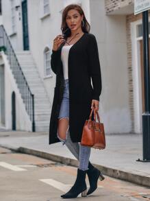 SHEIN LUNE Áo len Mở màu trơn Giải trí - màu đen - Xem 5