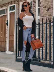 SHEIN LUNE Áo len Mở màu trơn Giải trí - màu đen - Xem 6