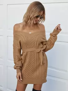 纜繩針織腰帶毛衣洋裝 - 駝色 - 查看 1