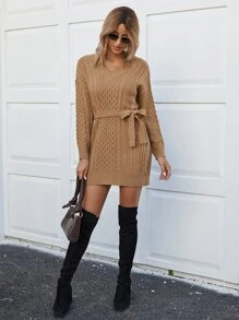 纜繩針織腰帶毛衣洋裝 - 駝色 - 查看 4