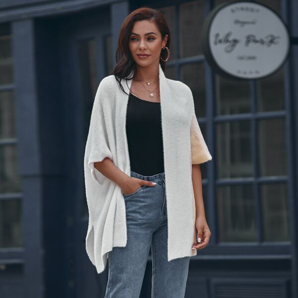

Contrast Panel Split Fluffy Knit Cardigan, White
