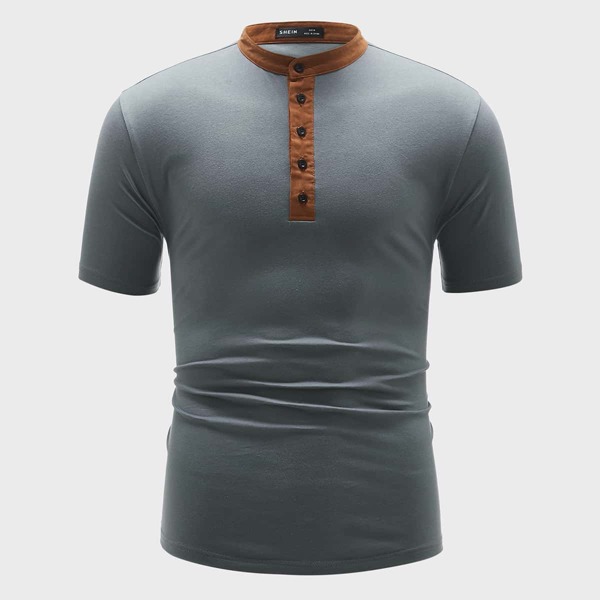 

Men Contrast Neck and Buttoned Half Placket Polo Shirt, Grey
