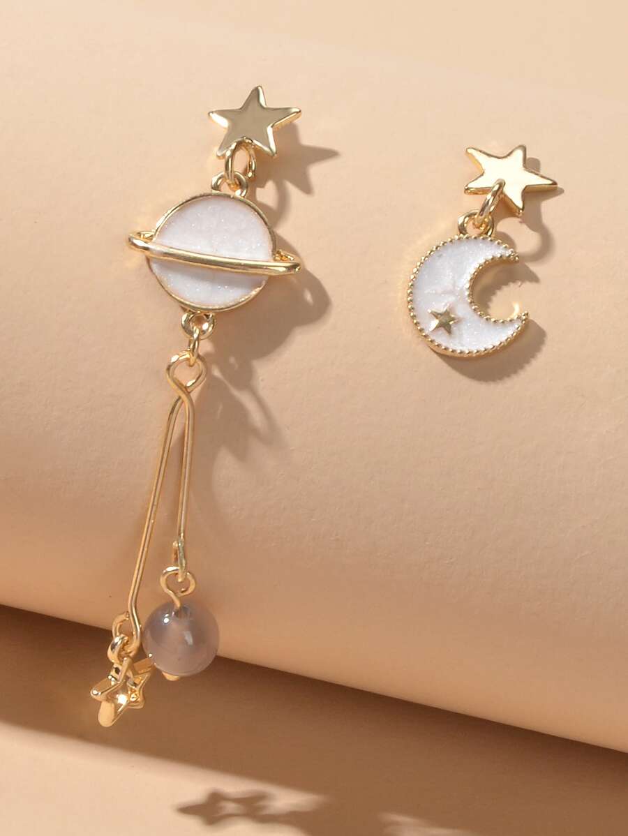 Star Moon Drop Earrings - Yellow Gold - View 1