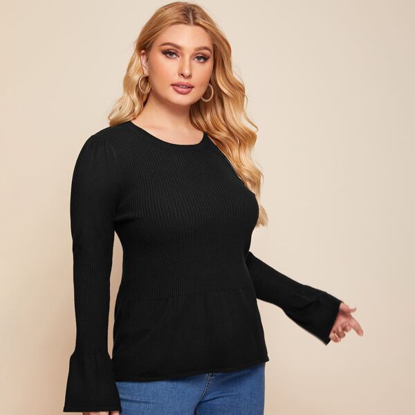 

Plus Ribbed Knit Flounce Sleeve Sweater, Black