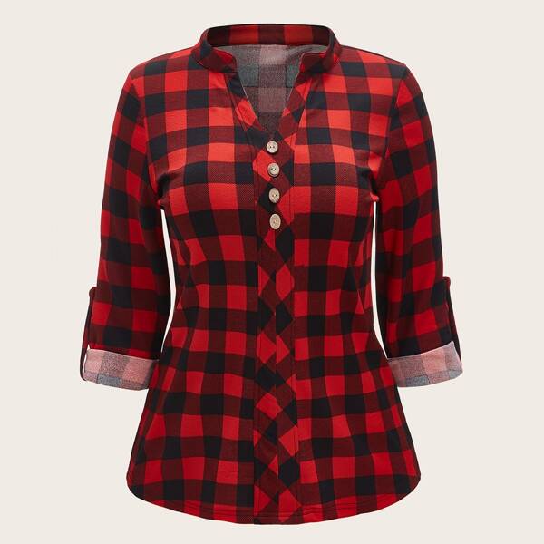 

Plus Gingham Print Button Front Blouse, Multicolor