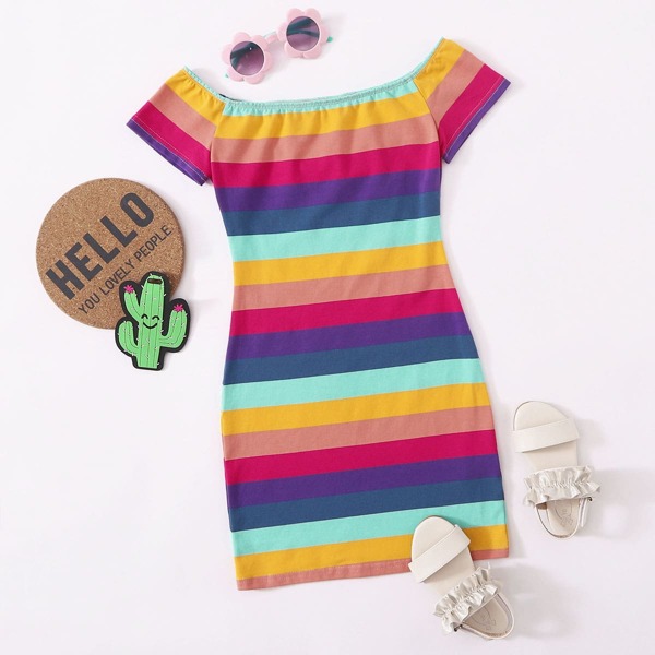 

Girls Rainbow Striped Dress, Multicolor