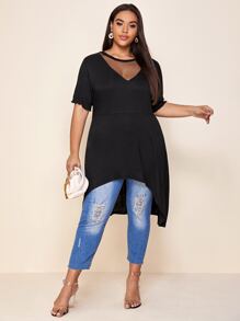 SHEIN Unity Áo thun Plus size Tương phản Mesh màu trơn Giải trí - màu đen - Xem 1