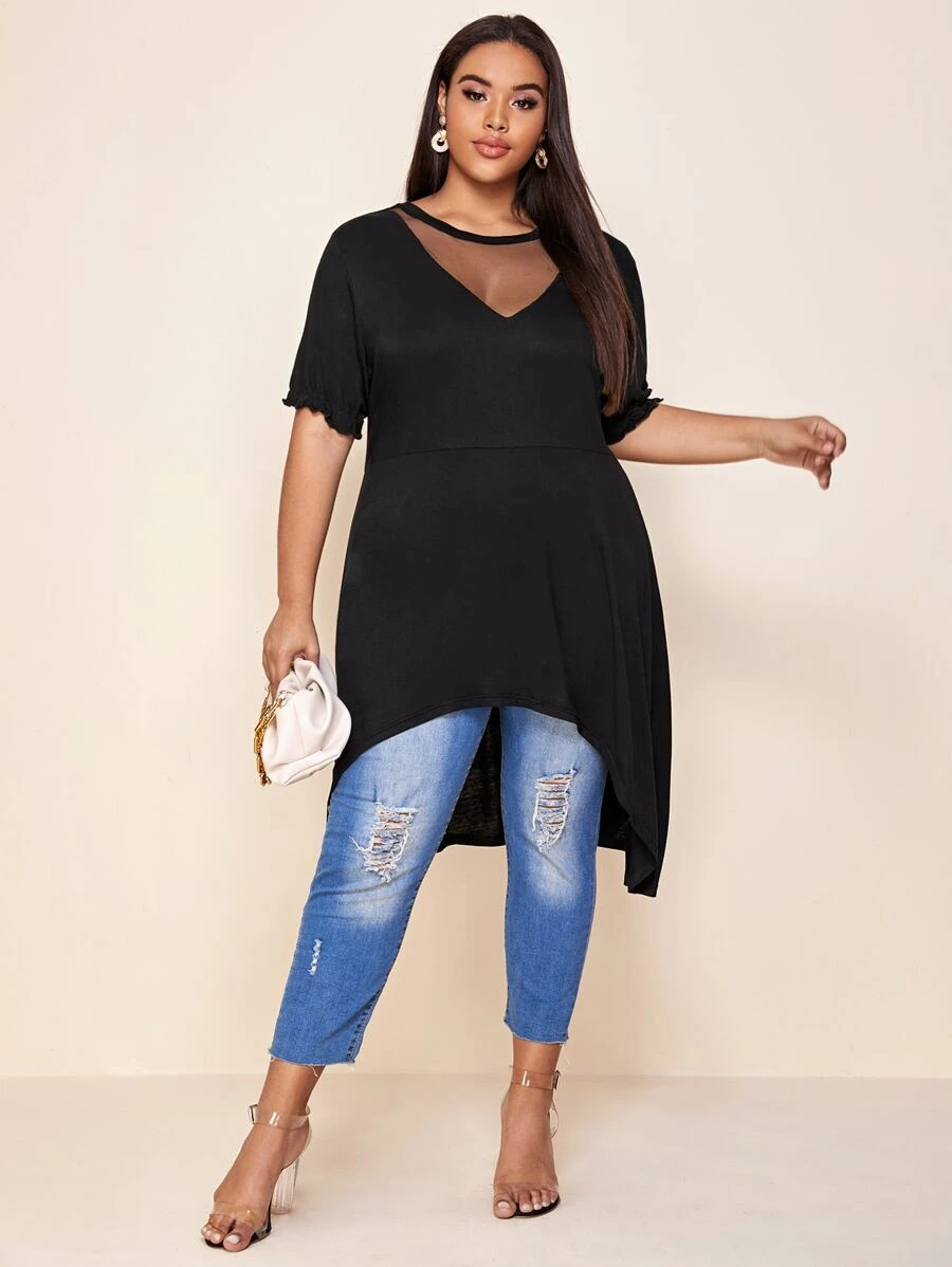 SHEIN Unity Áo thun Plus size Tương phản Mesh màu trơn Giải trí - màu đen - Xem 1