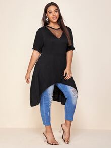 SHEIN Unity Áo thun Plus size Tương phản Mesh màu trơn Giải trí - màu đen - Xem 3