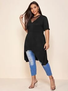 SHEIN Unity Áo thun Plus size Tương phản Mesh màu trơn Giải trí - màu đen - Xem 4