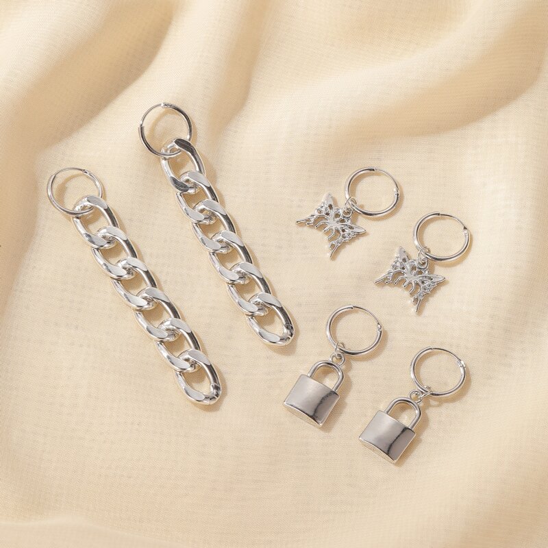 

3pairs Chain Butterfly Lock Drop Earrings, Silver