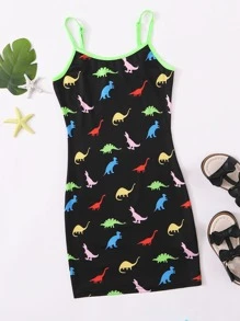 SHEIN Girls Dinosaur Print Contrast Neon Binding Dress - Black - View 1