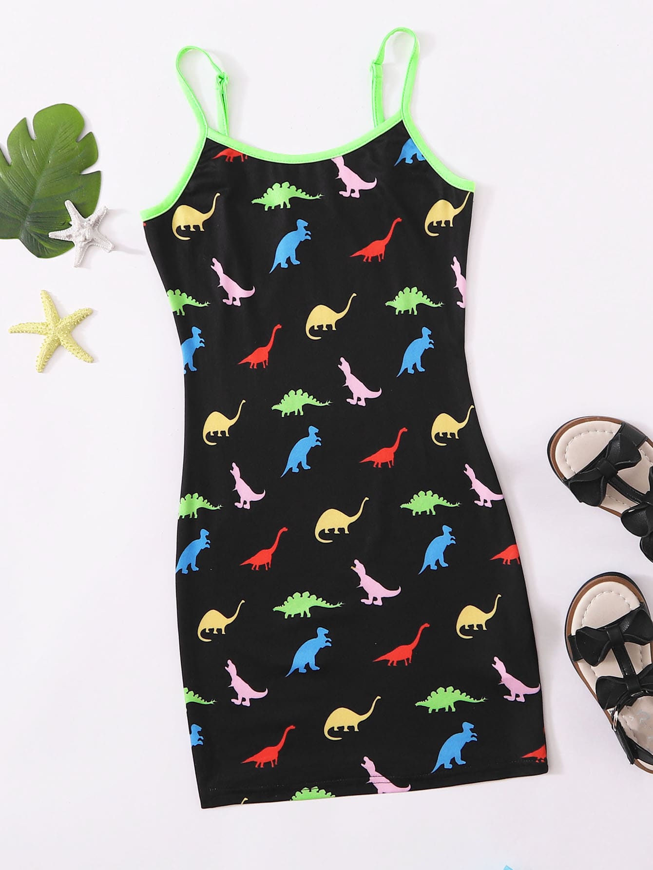 SHEIN Girls Dinosaur Print Contrast Neon Binding Dress - Black - View 1