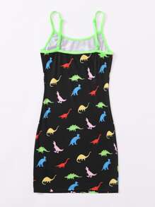 SHEIN Girls Dinosaur Print Contrast Neon Binding Dress - Black - View 2