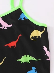 SHEIN Girls Dinosaur Print Contrast Neon Binding Dress - Black - View 3
