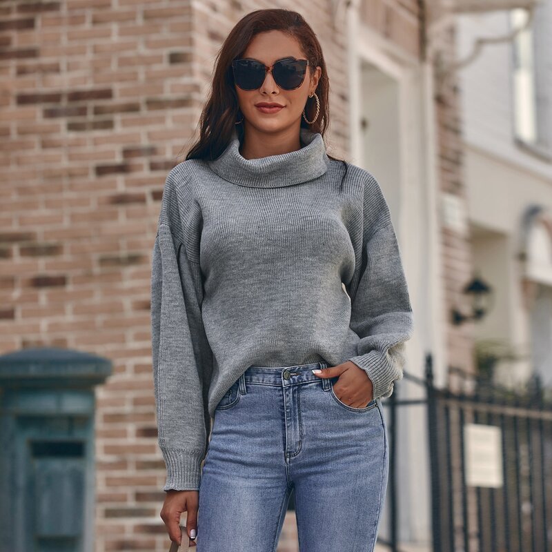 

High Neck Ribbed Knit Sweater, Grey
