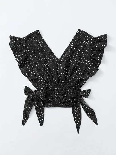 フリルアームホール シャーリングヘム 水玉模様 トップス