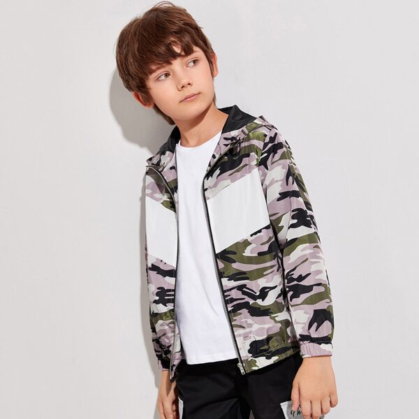 

Boys Camo Print Colorblock Wind Hooded Jacket, Multicolor