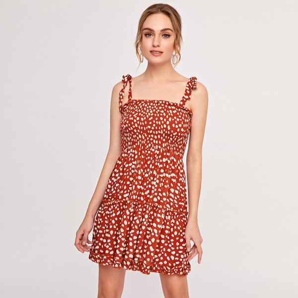 

All Over Print Frill Trim Shirred Bodice Knotted Cami Dress, Orange