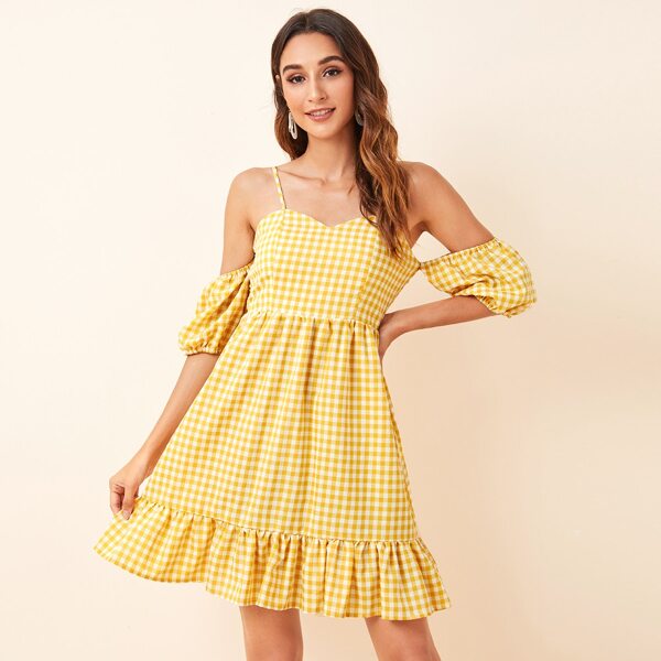 

Gingham Cold Shoulder Shirred Back Dress, Yellow