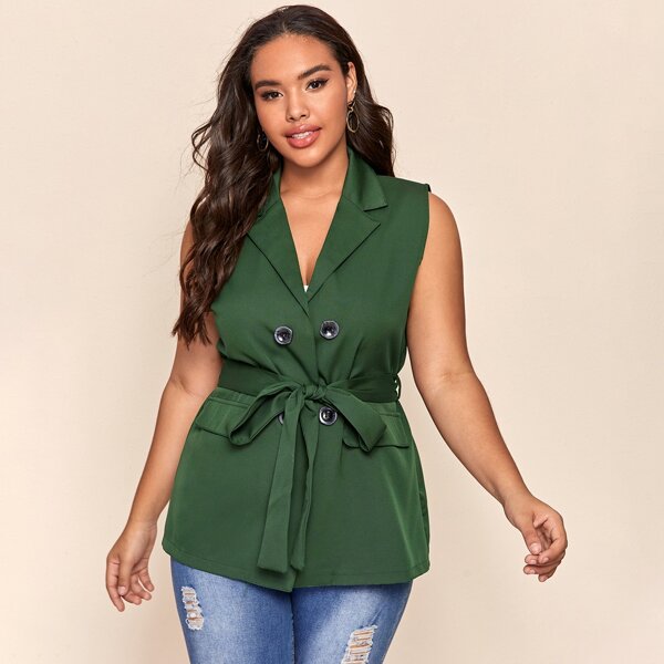 

Plus Solid Belted Vest Blazer, Green