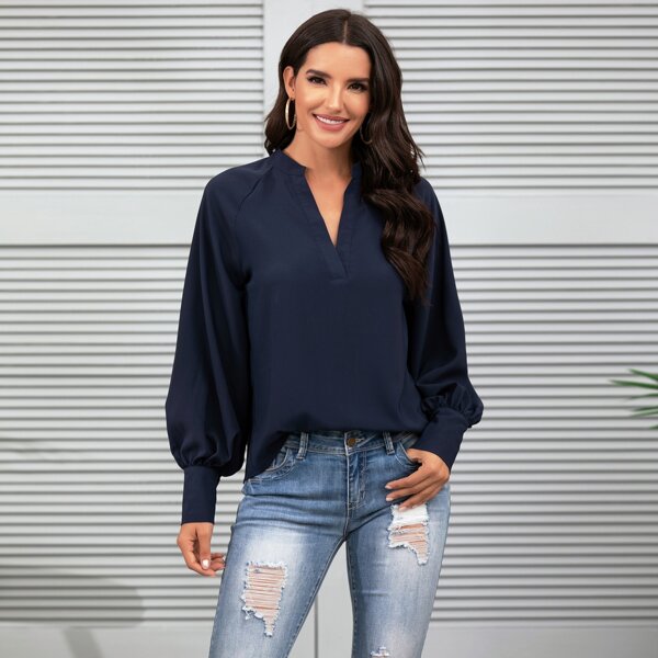 

Solid Notched Neck Bishop Sleeve Blouse, Navy blue