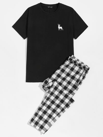 SHEIN Men Elk Print Top & Gingham Trousers PJ Set