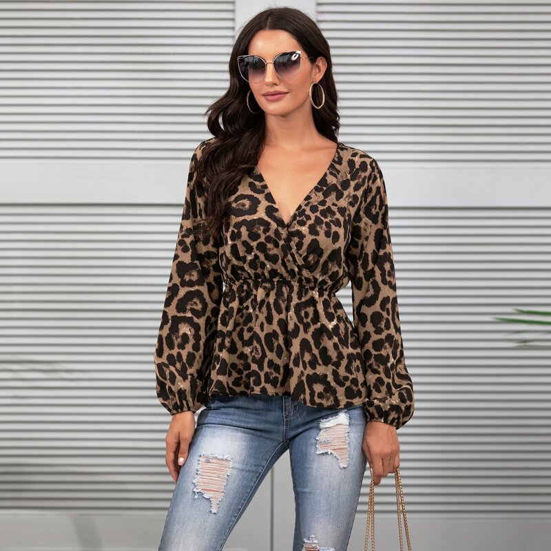 

Leopard Print Surplice Front Peplum Blouse, Multicolor