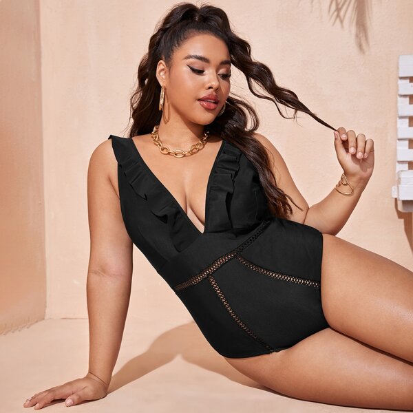 

Plus Hollow-out Ruffle Trim One Piece Swimsuit, Black