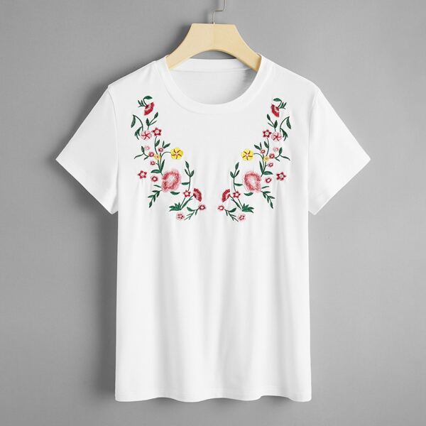 

Floral Embroidered Short Sleeve Tee, White