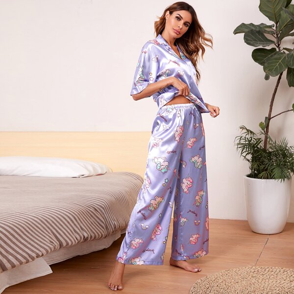 

Satin Cartoon Unicorn Print Night Set, Blue