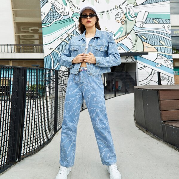 

Light Wash All Over Print Denim Jacket