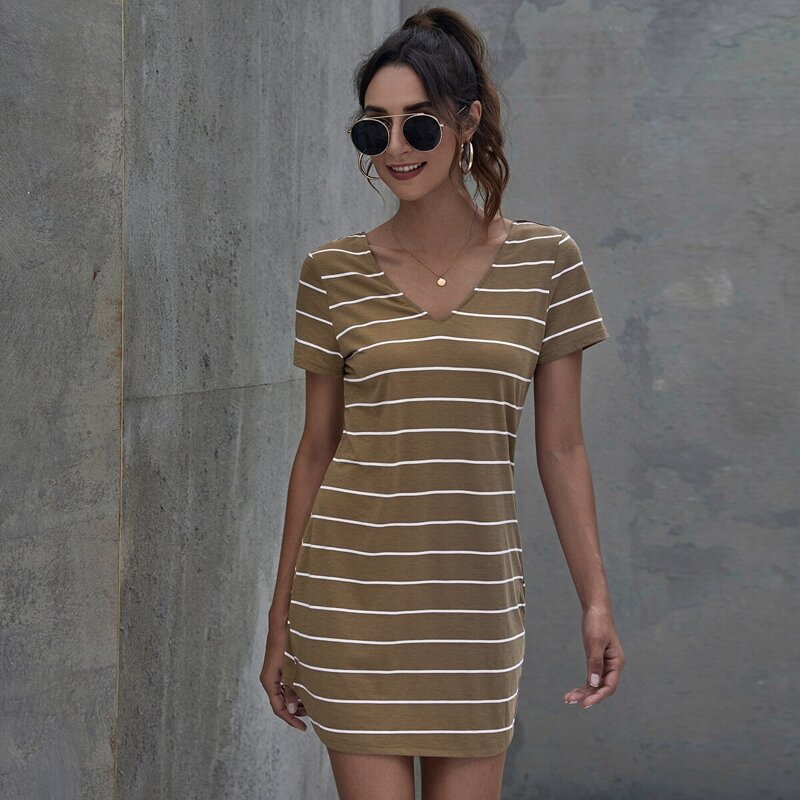 

V-neck Laddering Cutout Back Striped Dress, Camel