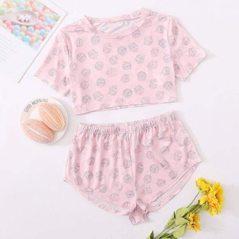 

Allover Cupcake Print Pajama Set, Baby pink